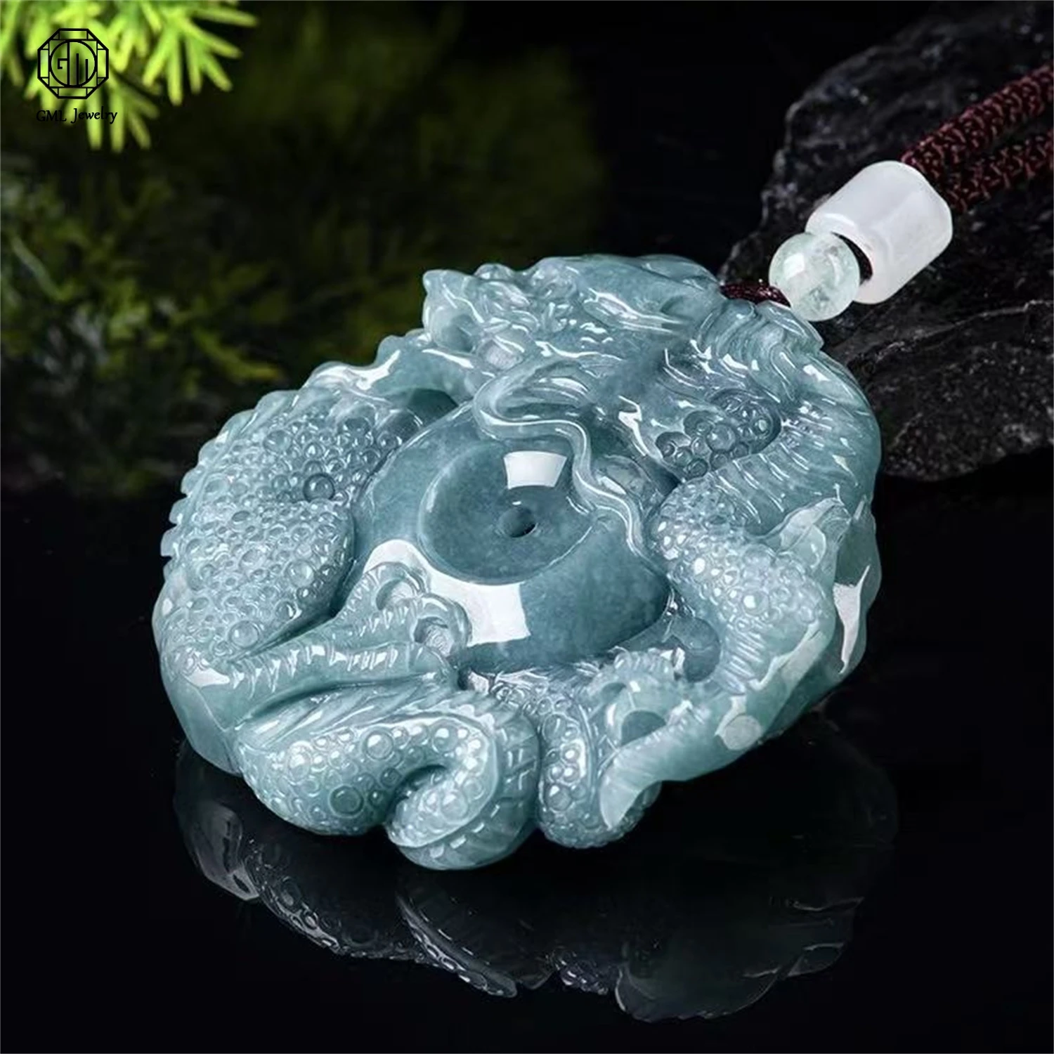 Natural Grade A Jadeite Blue Water Dragon King Safety Plaque Pendant Ice Translucent Unisex Men Women Gemstone Necklace Jewelry