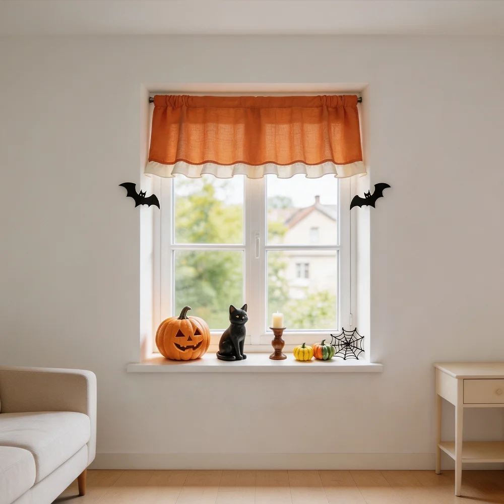 1/2 Panels halloween orange ruffle simple curtains, short coffee table skirts, suitable for festive kitchen cabinet decoration
