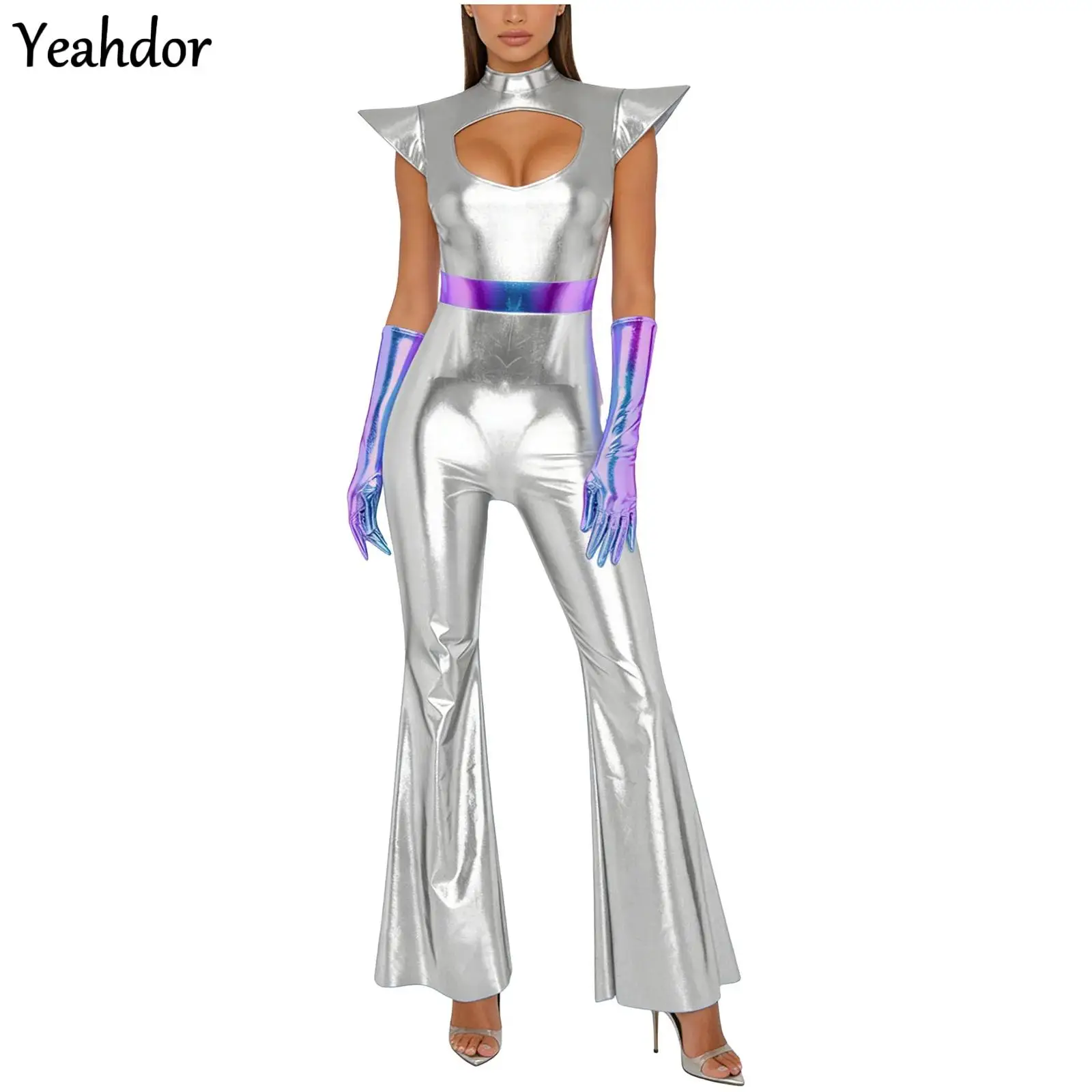 

Women Shiny Alien Astronaut Costumes Metallic Outerspace Robot Jumpsuit Space Cadet Gown Halloween Cosplay Theme Party Dress Up