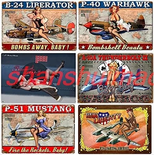 6 Pack Military Airplane ww2 Pinups Bomber Girl Art Vintage Style Retro Aviation Garage Art Wall Decor sign