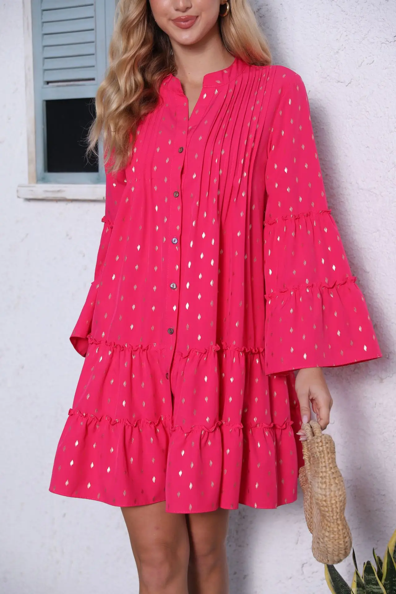

Women's Printed Gold Pressed Pleated Shirt Splicing Dress Spring Autumn Fashion Solid Bell Sleeves A Line Casual Female Dreses