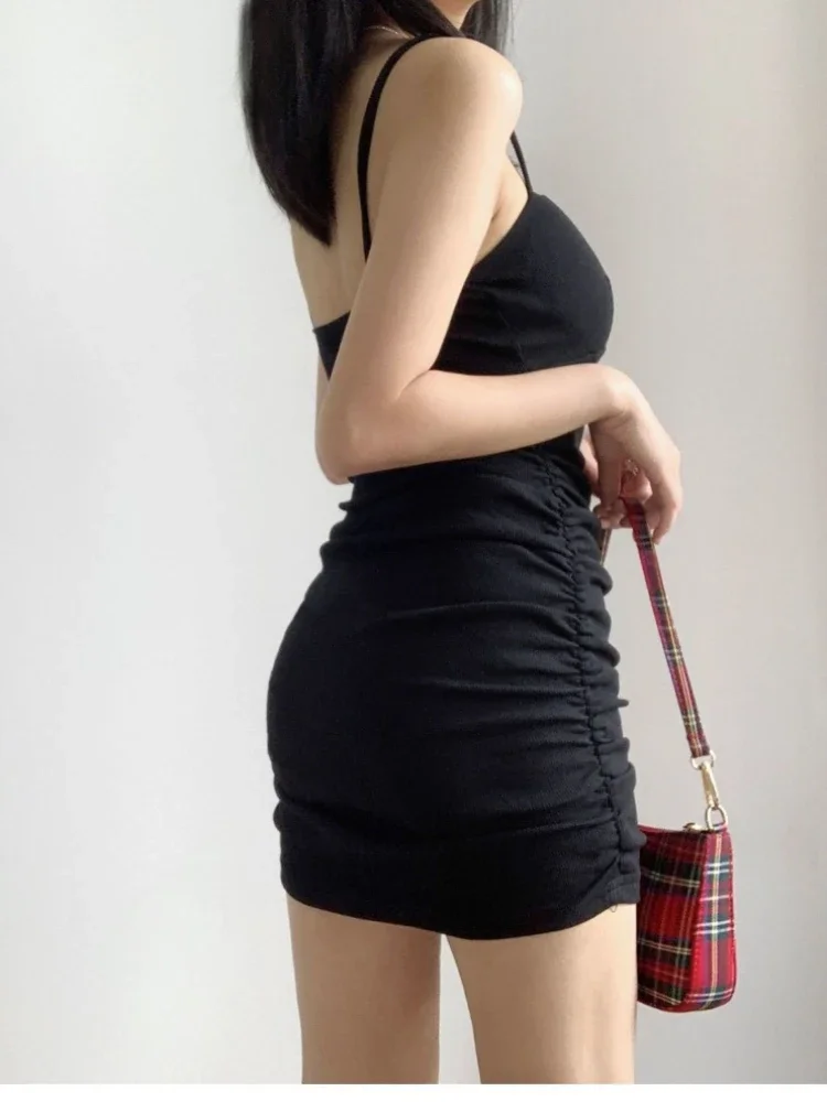 Mini Dresses Women Pleated Backless Temperament Sexy Elegant Wrap Hip Camis Summer Solid Off Shoulder European Style Trendy Slim