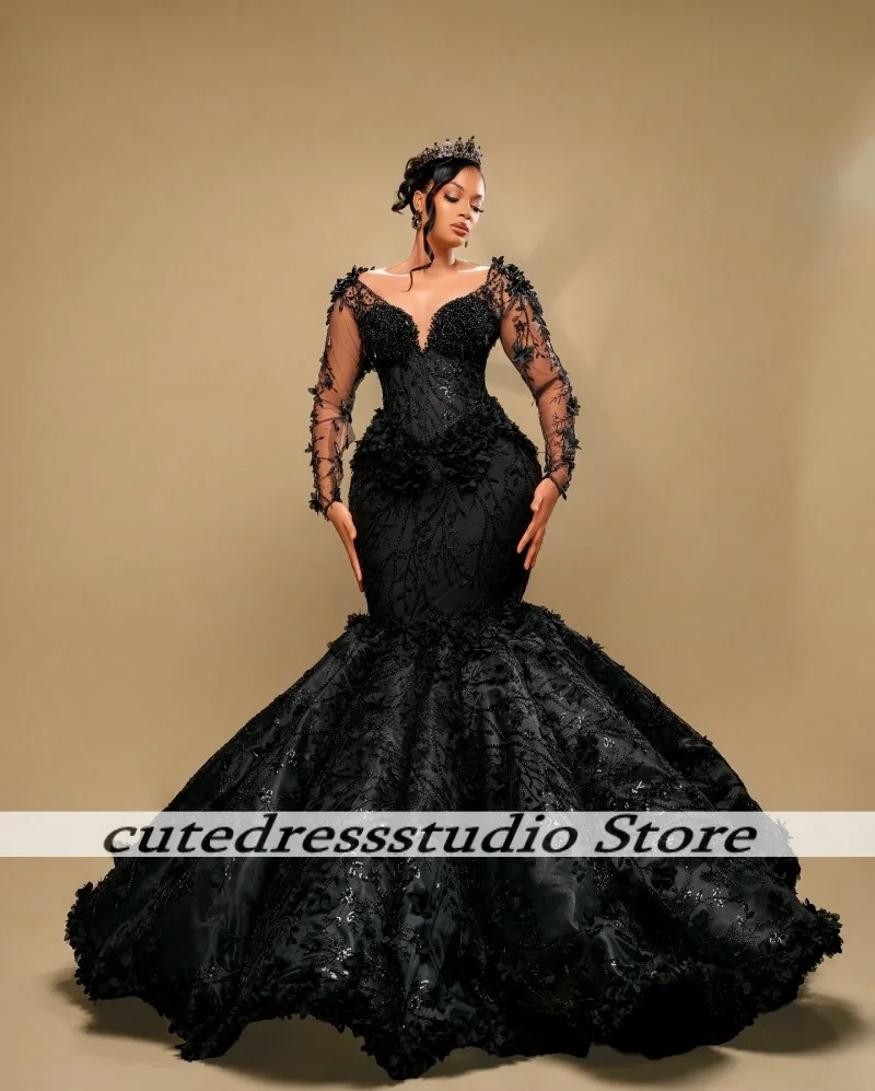 Encantadores vestidos de noche con cuello en V y apliques de cuentas de lujo vestido largo negro africano para fiesta de graduación vestidos de fiesta de boda 2025 personalizados
