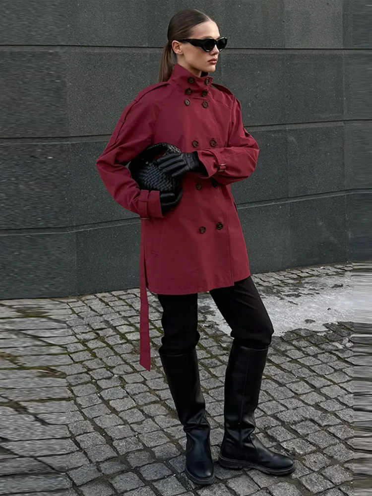 Stehkragen Doppelreihiger Kurzer Trenchcoat mit Gürtel für Damen, Street-Style mit Epauletten, Langarm, Einfarbig, Locker Geschnittene Jacke, Neue Damen-Oberbekleidung – Detail 7