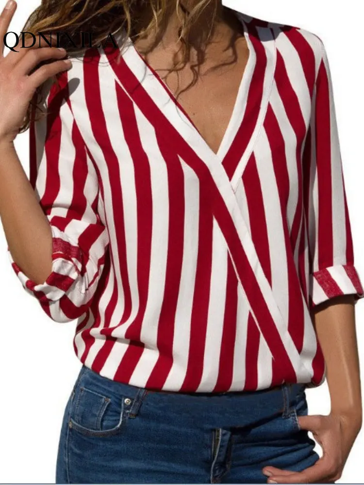 

Woman V-neck Shirts and Blouses 2023 New Style Stripe Leisure Long Sleeve Slim Fitting Blouses Beautiful Oversized Women's Shirt