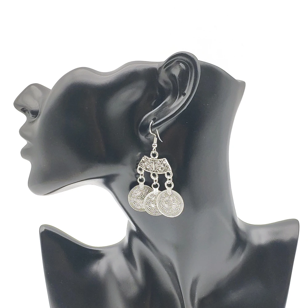 Vintage Silvery Carve Coins Pendant Earrings for Women Simple Boho Ethnic Turkish Afghan Pakistan Earrings Jewelry Accessories