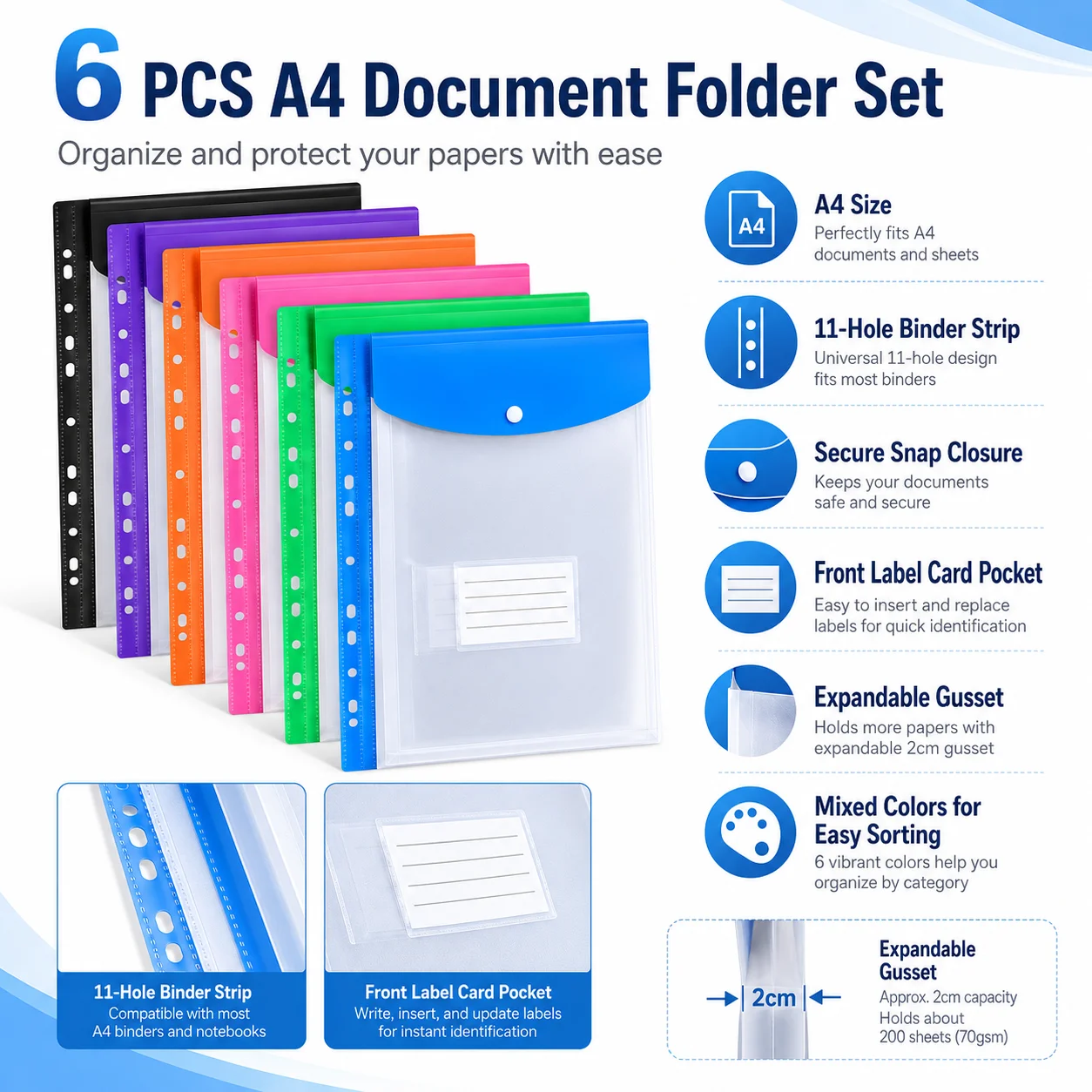 6 Colors A4 Sheet Protectors, 11 Hole Punched Plastic Page Protectors for Binders, Clear Paper Sleeves for Document Filing view 4