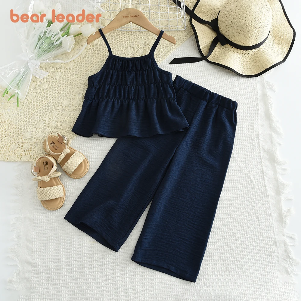 Bear Leader Summer Girls Sets Solid Color Sling Tops and Wide Leg Pants 2 Pieces Clothes Sets Baby Gril's Casual Costumes