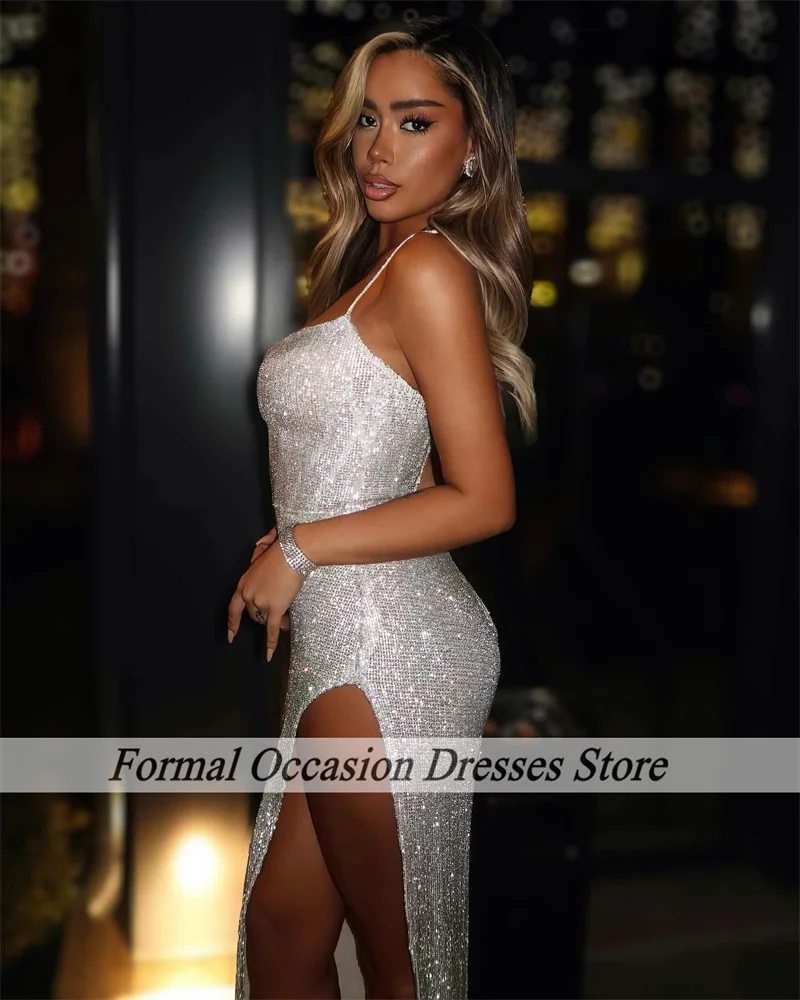 Vestidos de Noche brillantes con abertura alta para mujer, vestidos de fiesta de sirena de cristal con lentejuelas, traje de fiesta sin espalda, batas de velada personalizadas