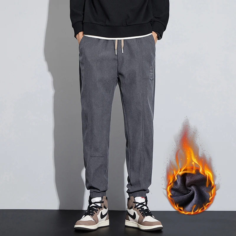 Men Corduroy Fleece Jogging Sweatpants Winter Warm Thicken Trendy Casual Pants Korean Leisure Trousers Bound Feet Male Pants