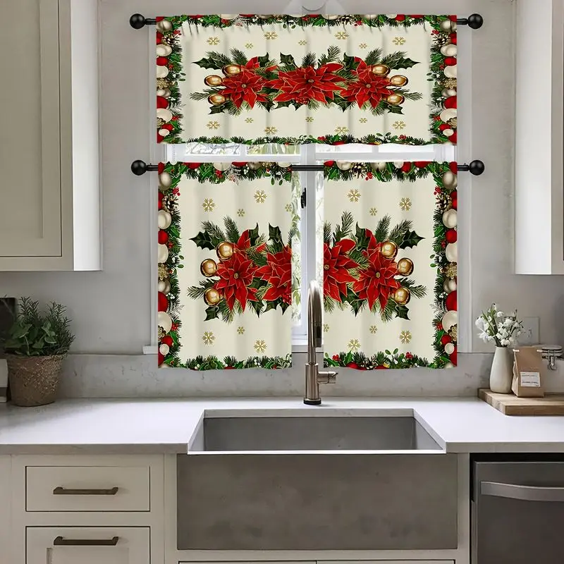 VIKAMA Christmas Kitchen Curtain Set Poinsettia Bauble Pine Wreath Print Valance Tier For Living Room Bedroom Dining Decor