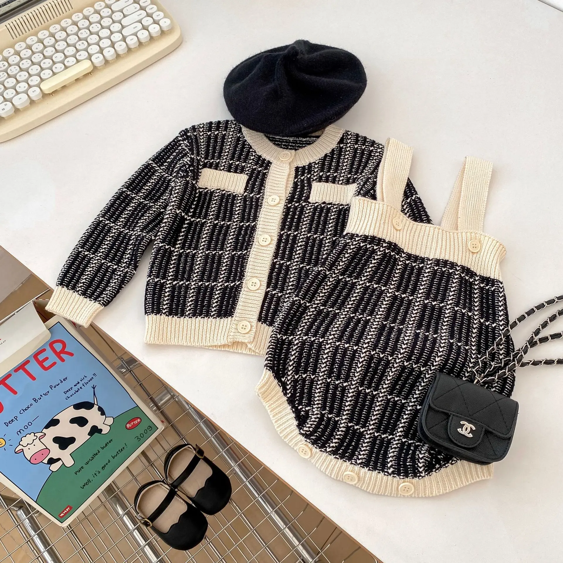 2023 Autumn Baby Girls Full Sleeve Plaid Top Single-breasted Coat Sling Bodysuits, Infant Toddler Knitted Clothing 0-3Y