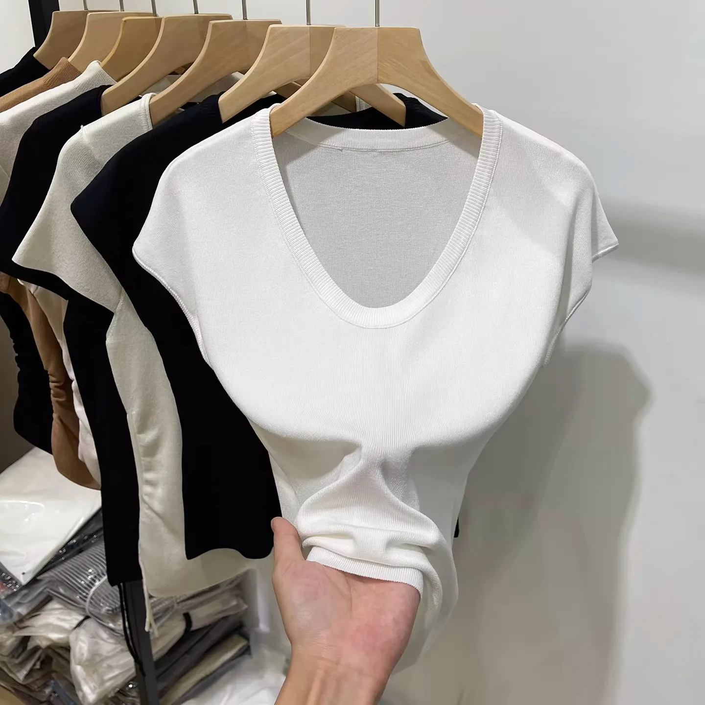 Trendiges Einfarbiges Vielseitiges T-Shirt 2026 Sommer U-Ausschnitt Strick Damen T-Shirt Slim Fit Kurzarm Casual Top – Detail 1