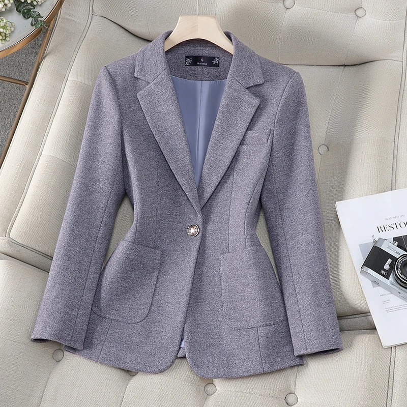 ZJYT Autumn Winter Woolen Blazers for Woman Long Sleeve One Button Casual Jackets Coats Office Ladies Plus Size Outerwears