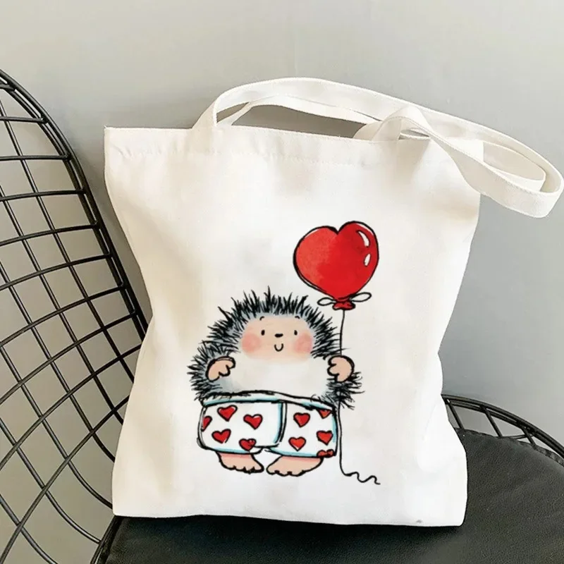 Cute Hedgehog Pattern Canvas Tote Bag Adorable Heart Mushroom Balloon Designs Stylish Versatile Shoulder Bag Daily Use