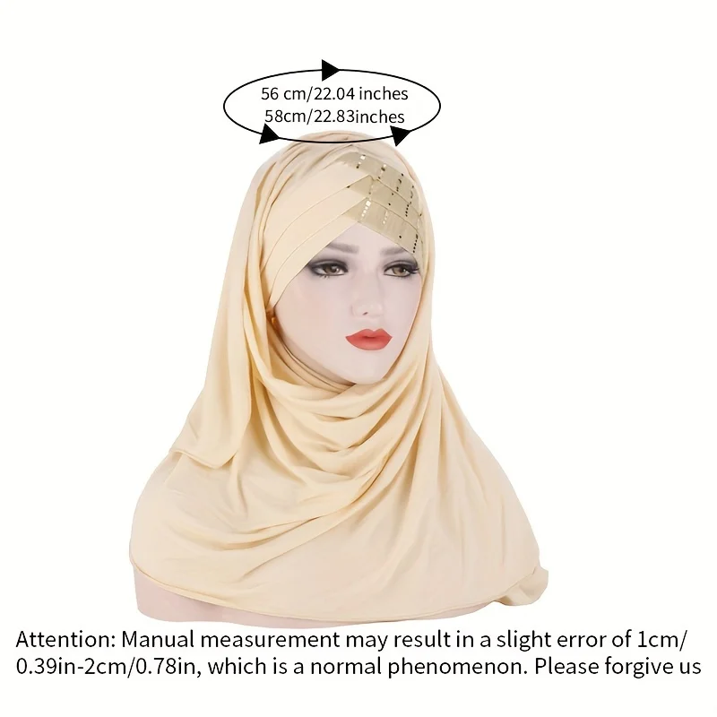 Forehead Sequins Instant Hijab Solid Color Soft Smooth Stretchy Pullover Head Wrap Casual Sunscreen Turban