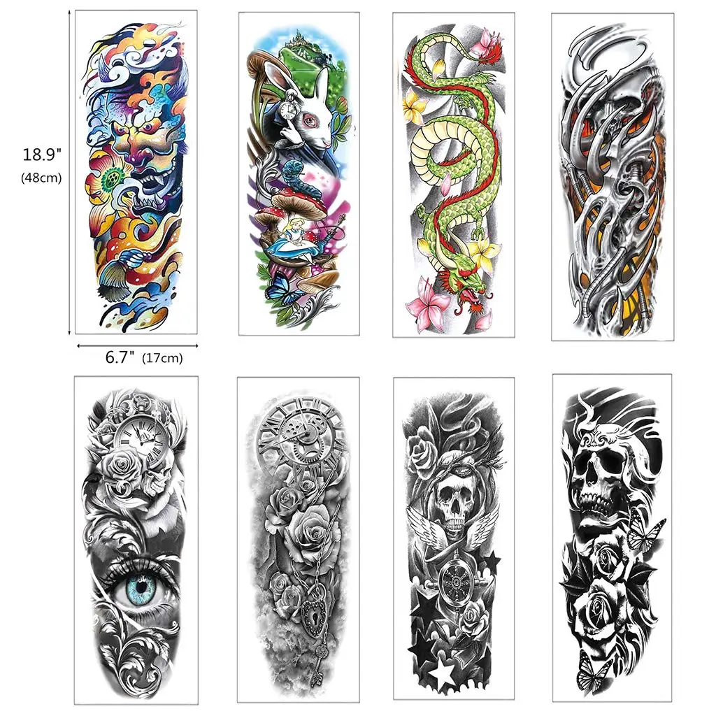 8 Sheets Realistic Full Arm Temporary Tattoos Fashion Waterproof Tattoos Sticker for Men Women on Shoulder Arm Skull Fake Tattoo