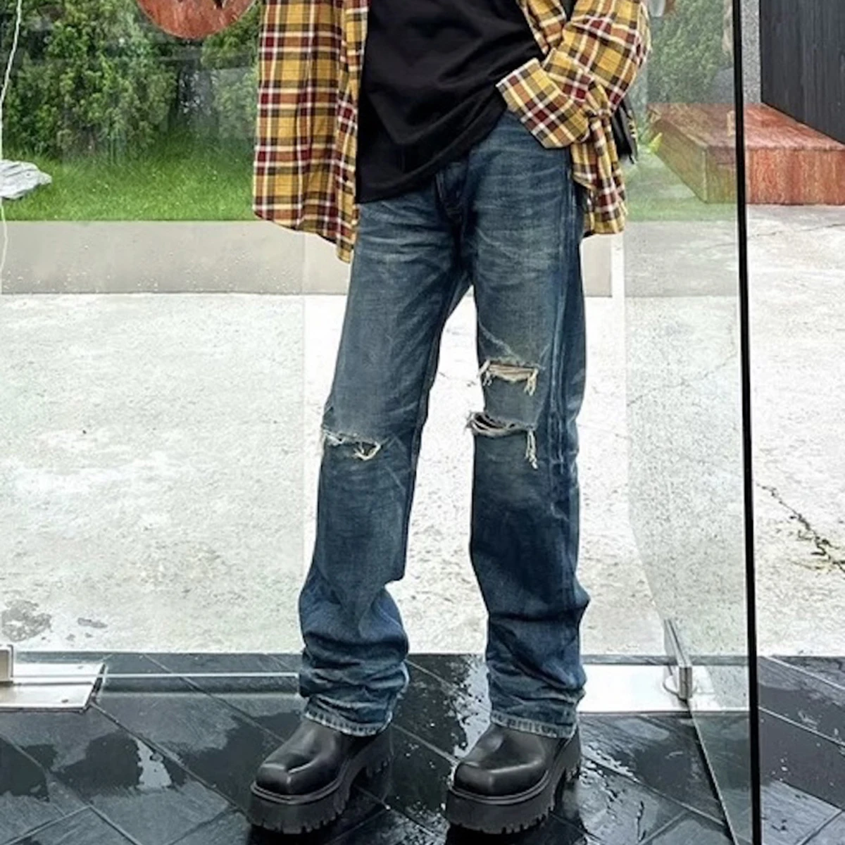 

Harajuku Hole Ripped Washed Blue Baggy Jeans for Men Straight Distressed Casual Loose Denim Trousers Oversized Hip Hop Cargos