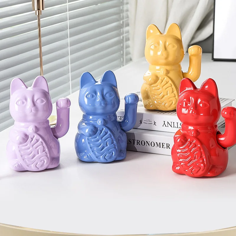 Resin Lucky Cat Figurine Desktop Workstation Decoration Automatic Waving Good Luck Kitty Gift Room Decor Art Crafts Sculpture
