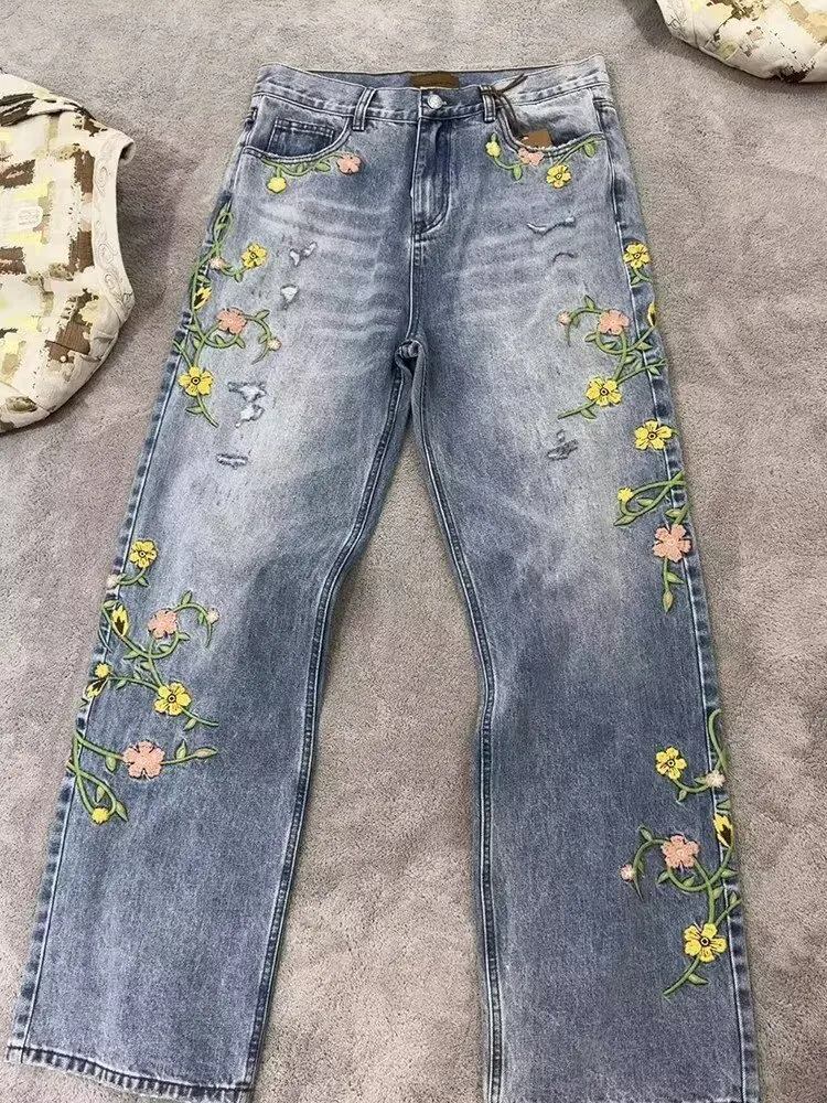 

Women's Blue Vintage Side Pipe Floral Embroidered Denim Jeans High Street 2025 Korean Y2k Fashion Ripped Straight Wide-Leg Pants