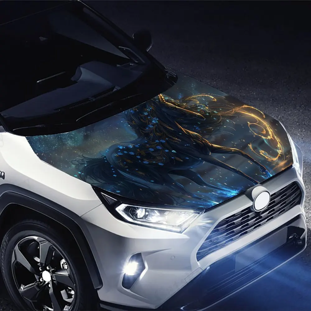 ملصقات غطاء السيارة Dark - Sky Spirit Steed Print، مقاومة للماء ذاتية اللصق، مقاومة للخدش، سهلة الالتصاق، متينة للسيارة PVC sti