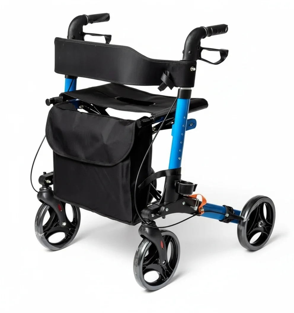 

Foldable Shopping Trolley, Aluminium Elderly Walker Rollator with Thickened Leather Cushion, Disabled Mobility Aid, 54*16*46cm