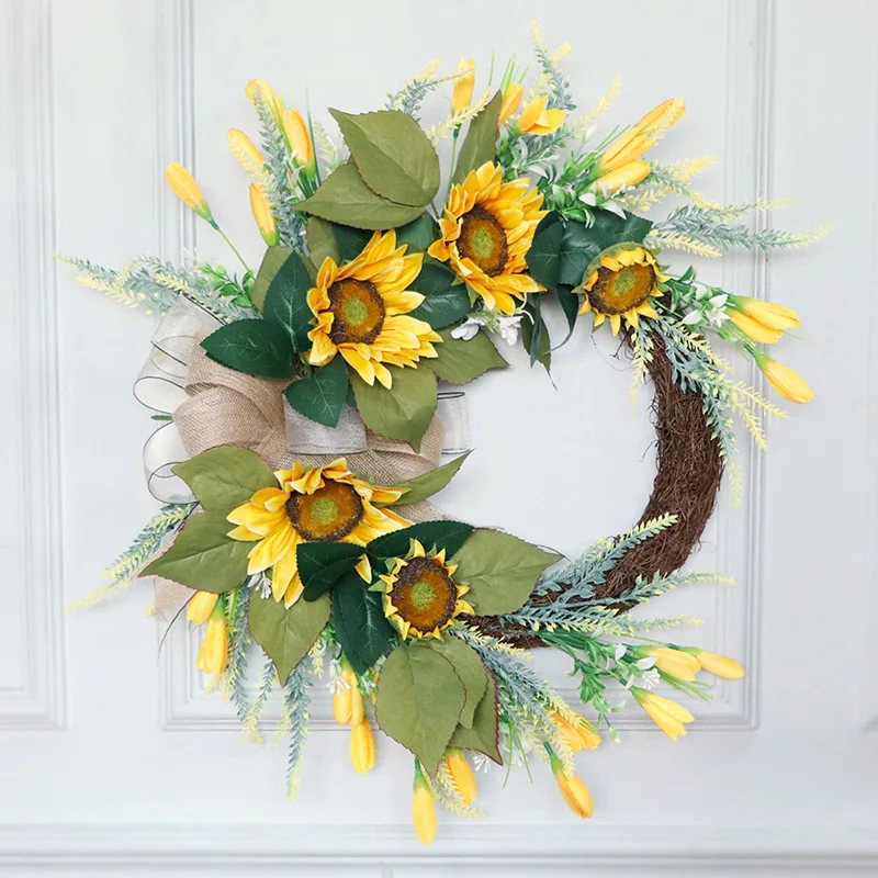 Artificial Sunflower Wreath 20 Inch Spring Summer Large Wreath Springtime Flower Green Leaves for Front Door Wall Window Decor