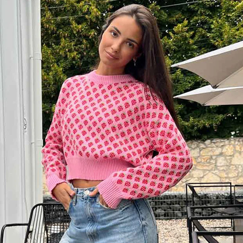 

Tornova Fashion Printed Short Sweater Female Strawberry Jacquard Long Sleeve Knitted Top Casual O Neck Women's Pullovers Autumn
