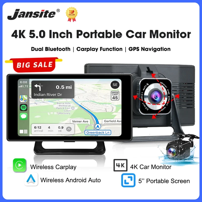 Tragbare 5 Zoll 4K Auto DVR Dash Cam Wireless Carplay & Android Auto Auto Intelligente Bildschirm