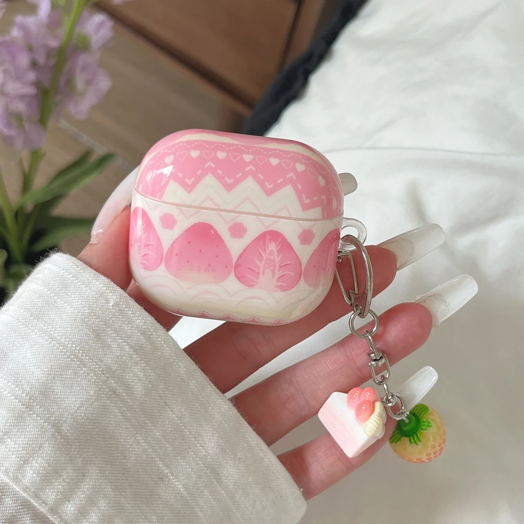 Fashion Pink White Gradient Strawberry Cream Cake Glossy Surface Earphones Protect Cover Case for AirPods 1 2 3 4 5 Pro2 Pro3