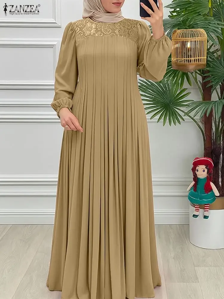 

2025 Autumn Lace Patchwork Dresses ZANZEA Muslim Abaya Robe Femme Elegant Long Sleeve Pleated Sundress Kaftan Maxi Long Vestidos