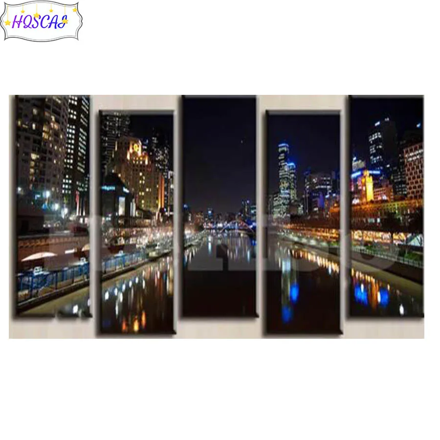 5pcs Diy Diamond Painting The night view of the city Full Round Square Drill Rhinestone Mosaic Wall Art Picture Home Decoration