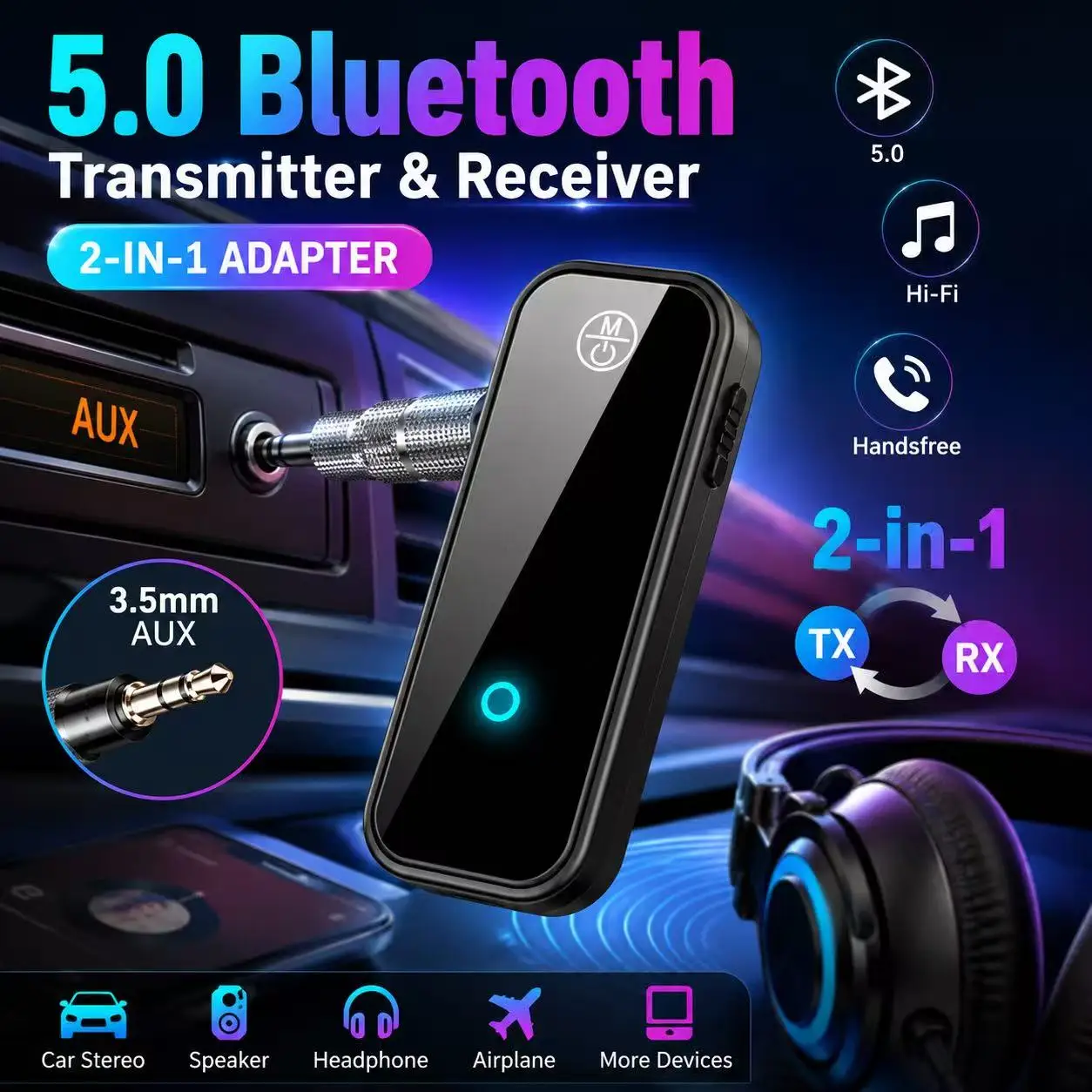 5.0 Bluetooth AUX Transmitter Receiver 2-in-1 Wireless Audio Adapter 3.5mm Jack for Car Stereo Music Handsfree Headphones