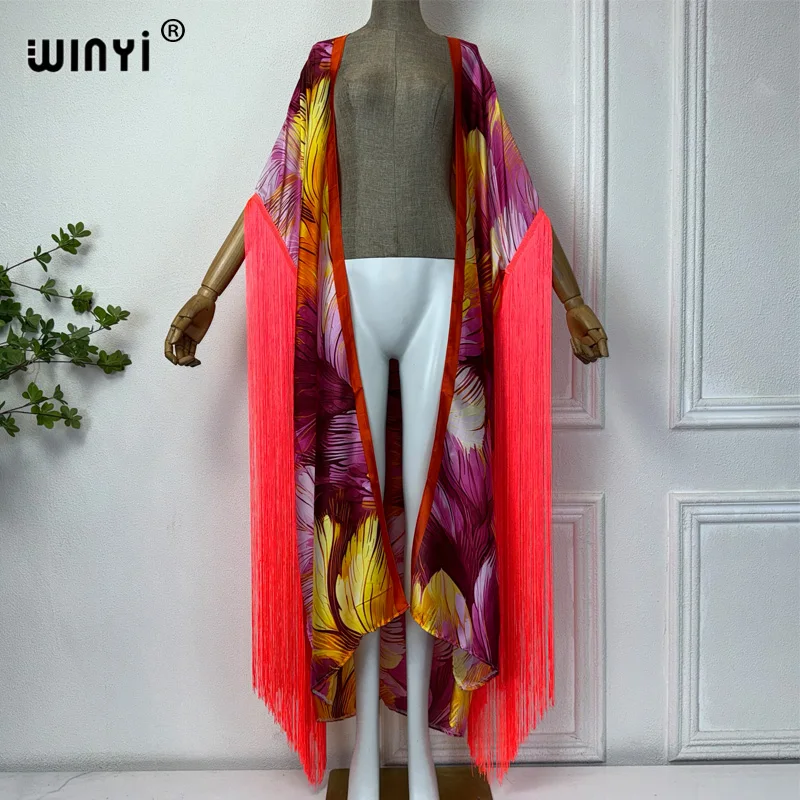 Letnie kimono sukienka letnia w stylu boho z artystyczny nadruk osłona do Bikini kardiganem seksowna wakacyjna sukienka z frędzlami z długim rękawem