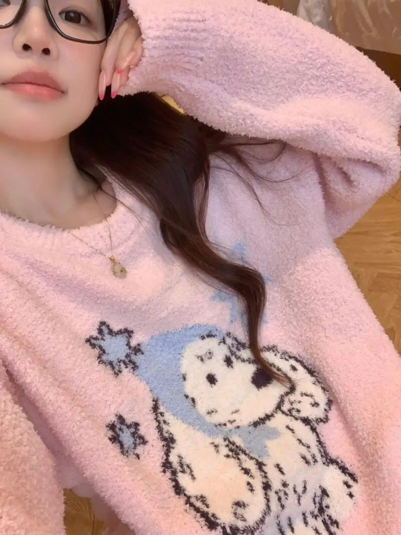 half-pile Women's pajamas fleece-lined pink Comfortable Sleepwear cartoon puppy sweet girl Cotton Pajama Set homewear suit ﻿