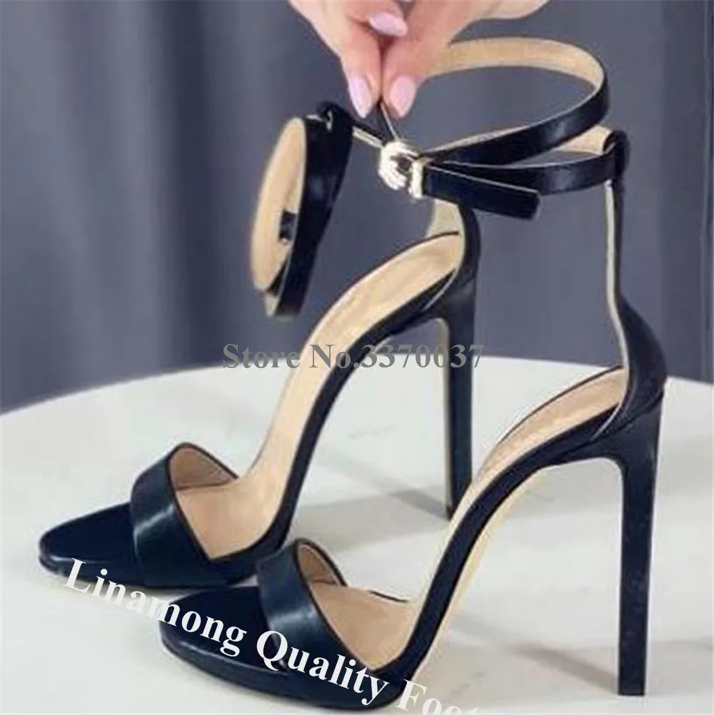 Linamong Classical Style Thin Heel Sandals Open Toe Black White Matte Leather Ankle Straps Stiletto Heel Dress Shoes Big Size