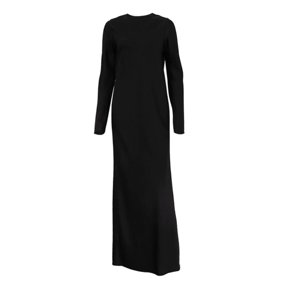 Elegante losse satijnen basisjurk lente en herfst damesmode effen zacht koel zijsplit draperen kantoor casual jurk met lange mouwen