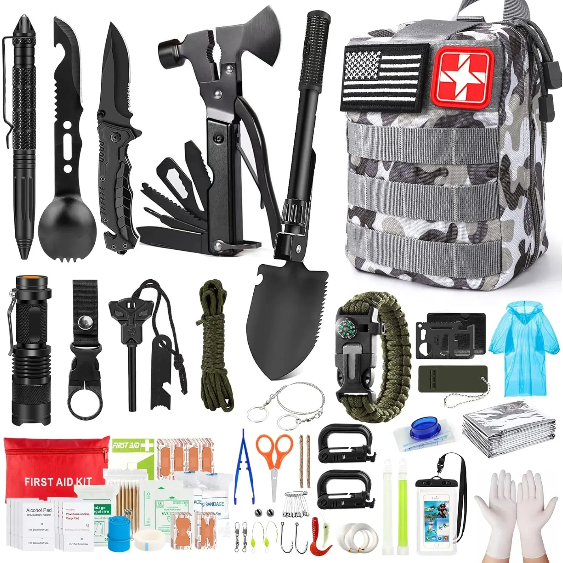 

Survival kit, 222 pieces of emergency survival equipment, first aid kit and compatible bag, outdoor camping equipment, hunting