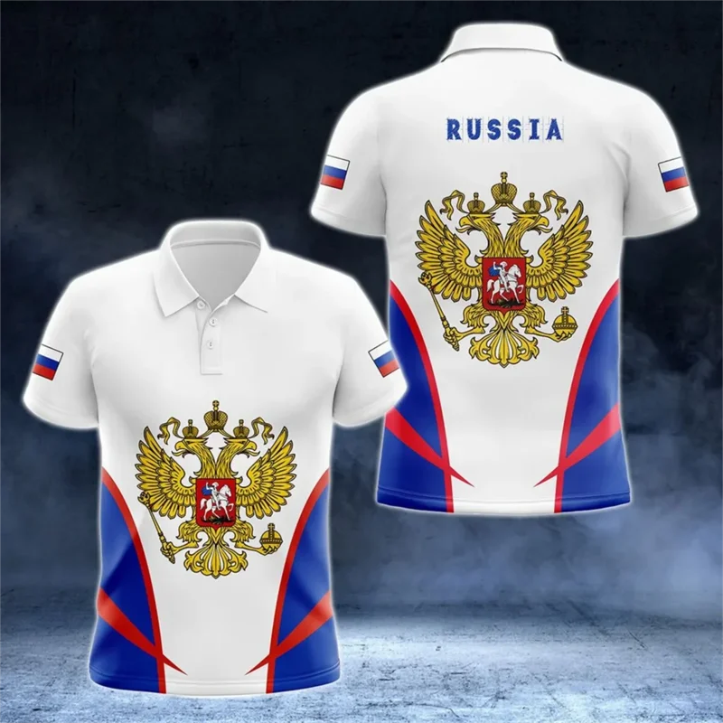 Russia National Emblem Print Summer Button Lapel Men\'s Polo Shirts Casual Tops Russian Flag Pattern Casual Trend Men Clothing