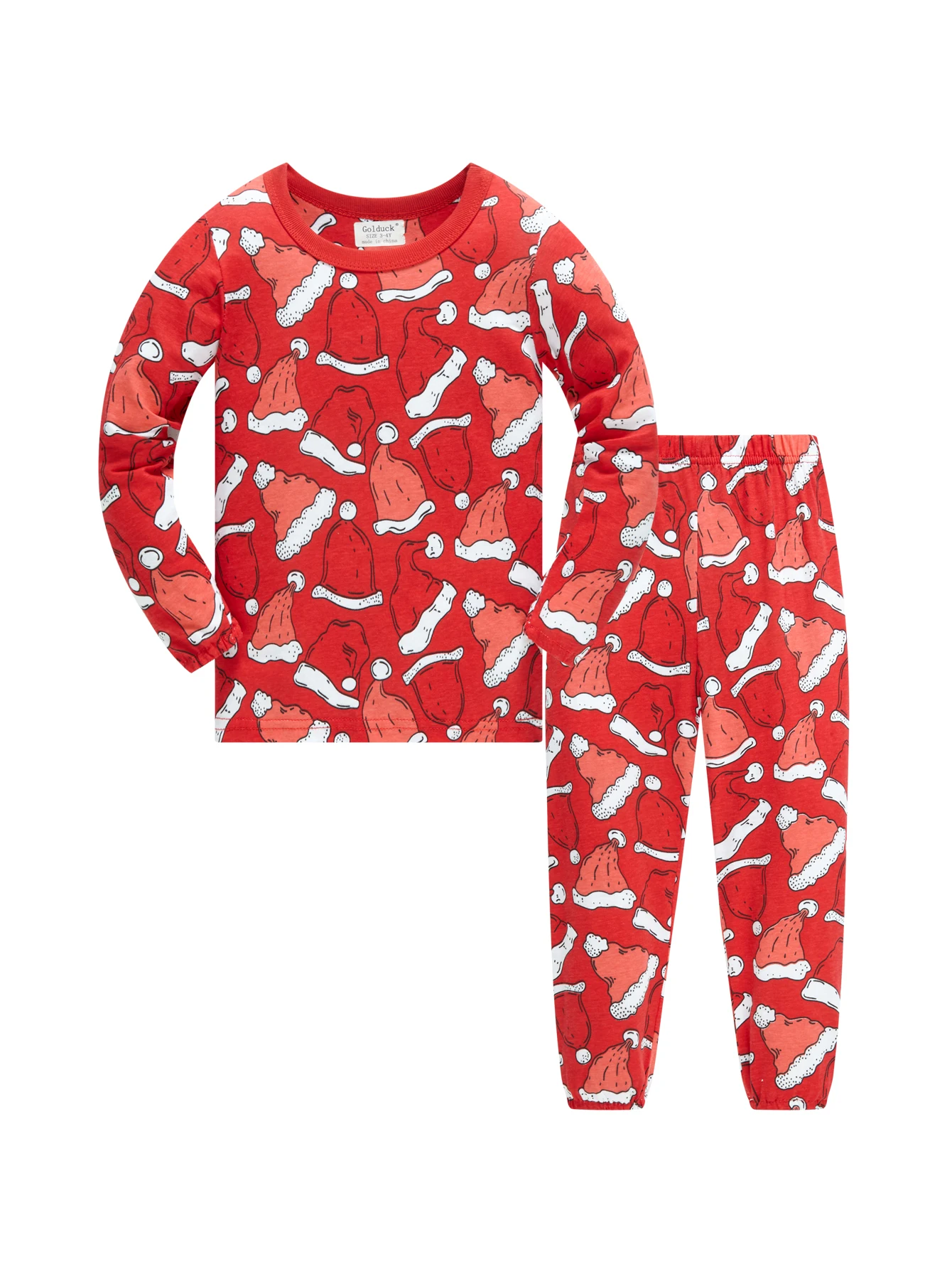 

New Christmas clothes, kid's home wear, 1-8 year old children's printed red Christmas hat, long sleeved pajamas, sleepwear set
