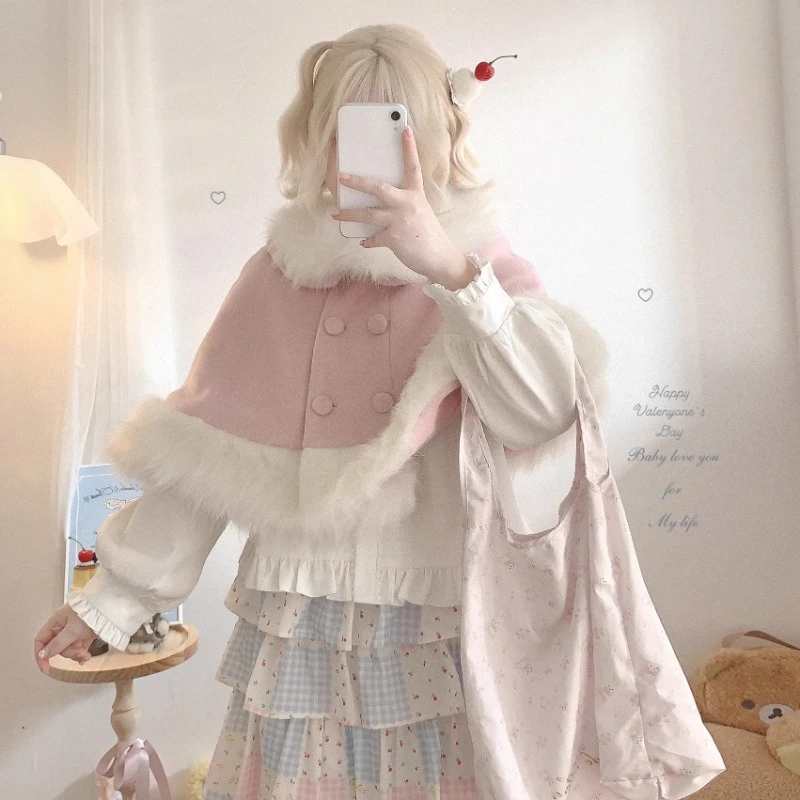 New Japanese Rojita Sweet And Cute Fluffy Woolen Cloak Retro Double-breasted Short White Black Delicate Cape Jaqueta Femininas