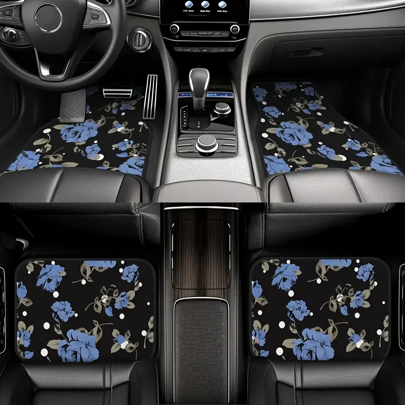 مجموعة واحدة من 4 قطع من سجادات أرضية السيارة الأصلية الأنيقة باللون الأزرق الوردي - 4 قطع، تصميم رائع على شكل زهرة سوداء وزرقاء، مناسبة لـ Luxu #3