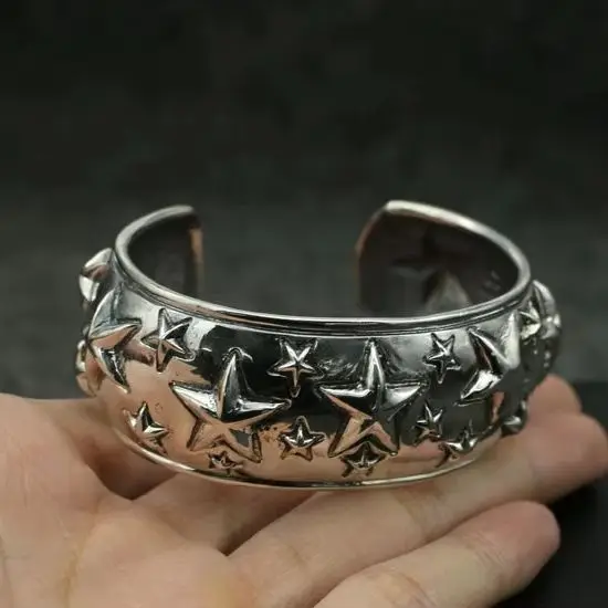 

Sterling Silver Star Bracelet Open Rough Men's Pentagram Jewelry Punk Rock Style Exaggerated Personalized Bracelet