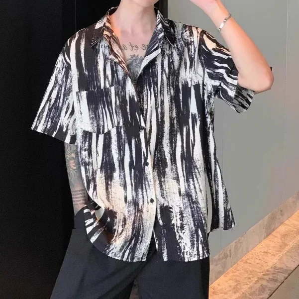 2025Retro Splashed Ink Design Short Sleeve Loose Men's Shirt Stylish Korean Style Summer New Arrival Handsome Upper Apparel