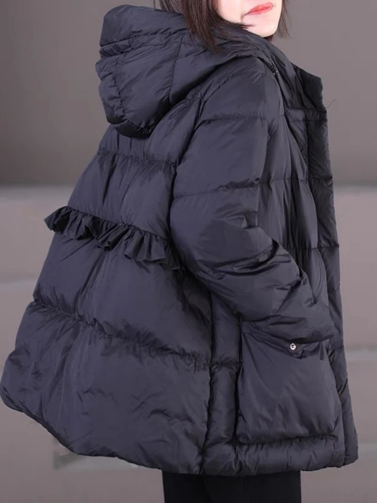 Women's Hooded Puffer Jacket, White Duck Down, Lotus Leaf Edge, Loose Casual Coat, Warm, Thickened, New, Fall and Winter