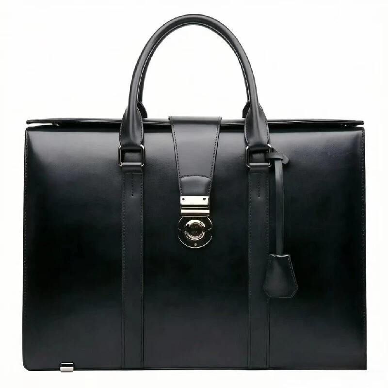 Men Black Genuine Cowhide Leather Briefcase Smooth Business Handbag with Metal Lock Laptop Bag Tote Attache Case