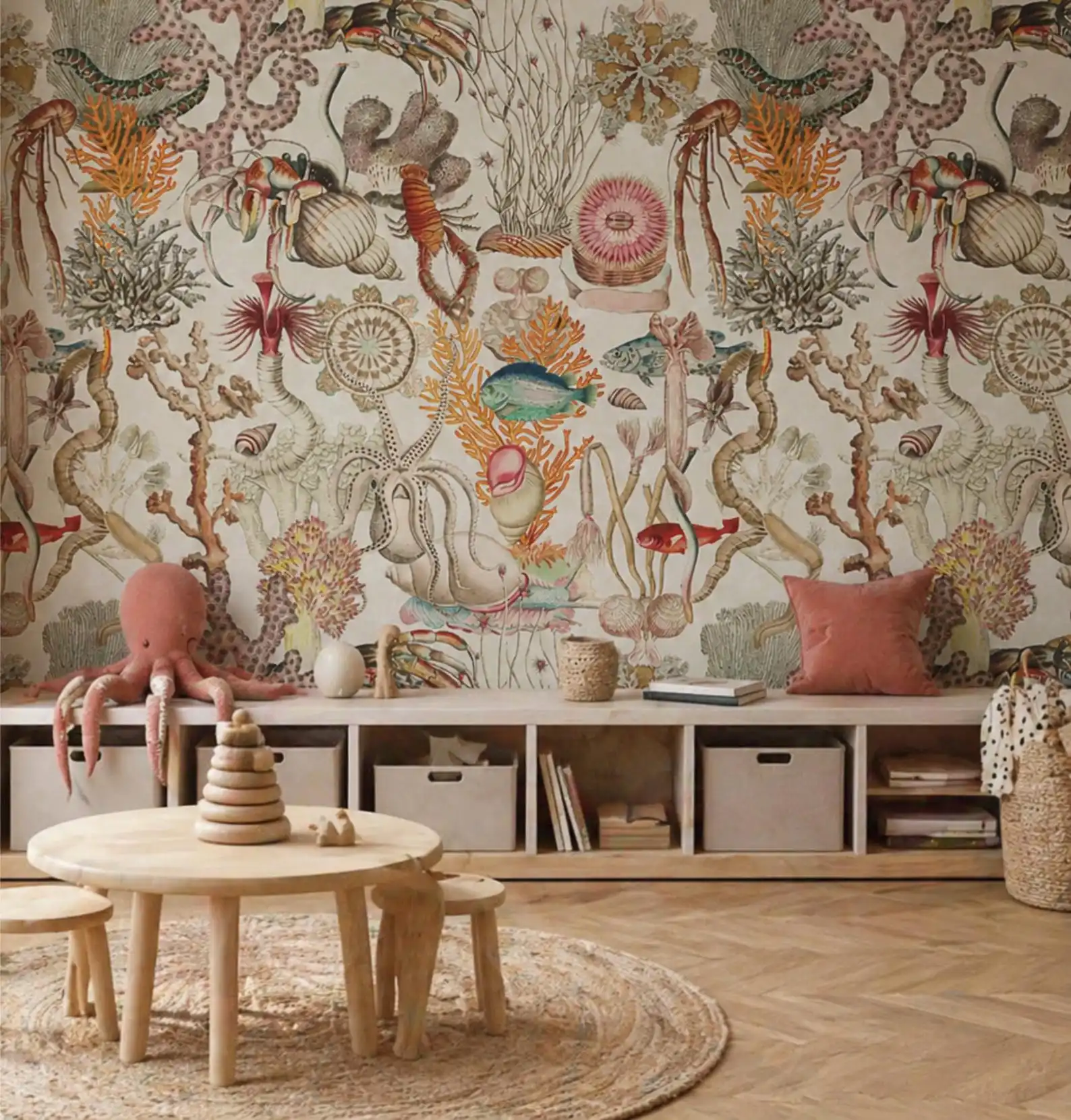 Customized mural ocean wallpaper, vintage marine life mural, coral and octopus navigation wallpaper, children's room decoration
