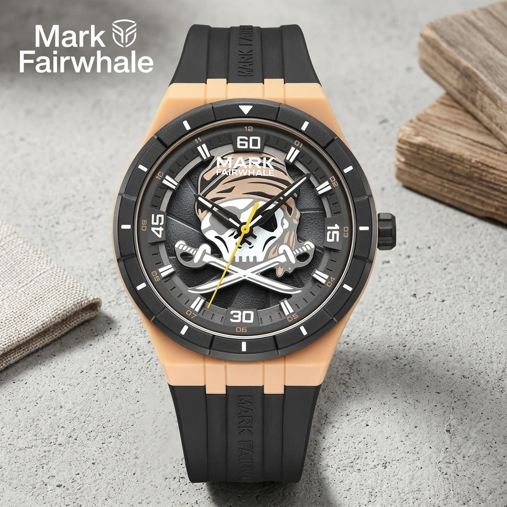 Mark Fairwhale Men Quartz Wristwatch Pirate Skull Dial Silicone Strap Waterproof Fashion Sports Watch Reloj Hombre