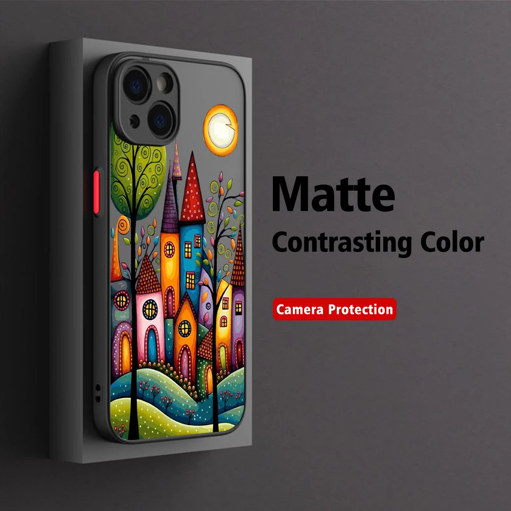 Hand Painted Forest House Illustration Phone Case For iPhone 15 14 13 12 11 Pro Max X XR XSMax 7 8  Matte Transparent Back Cover