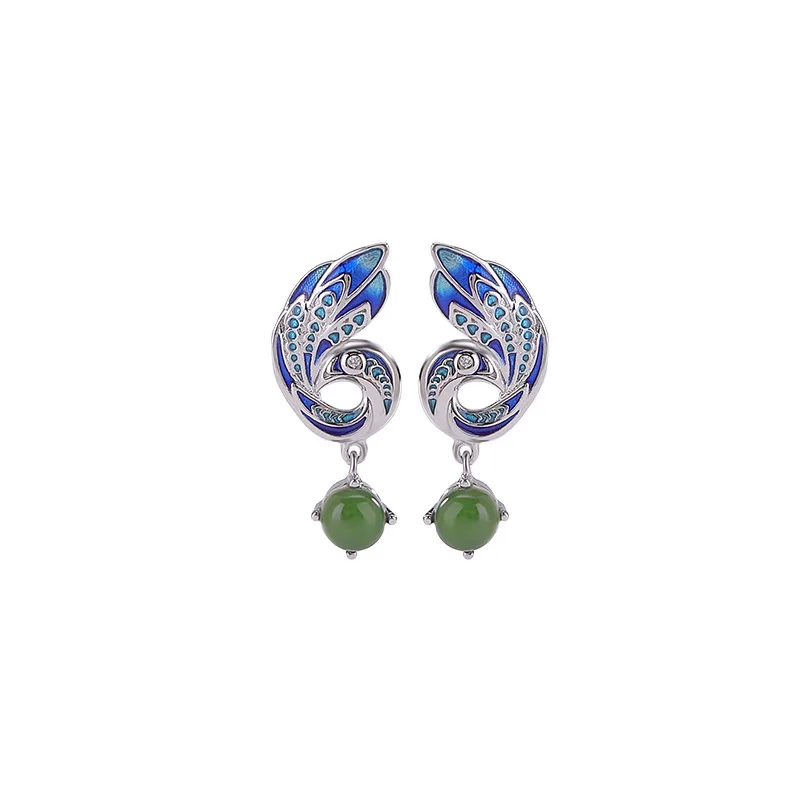 Amxiu Sterling Silver 925 Natural Hetian Jade Blue Peacock Enamel Round Bead Ethnic Style Earrings